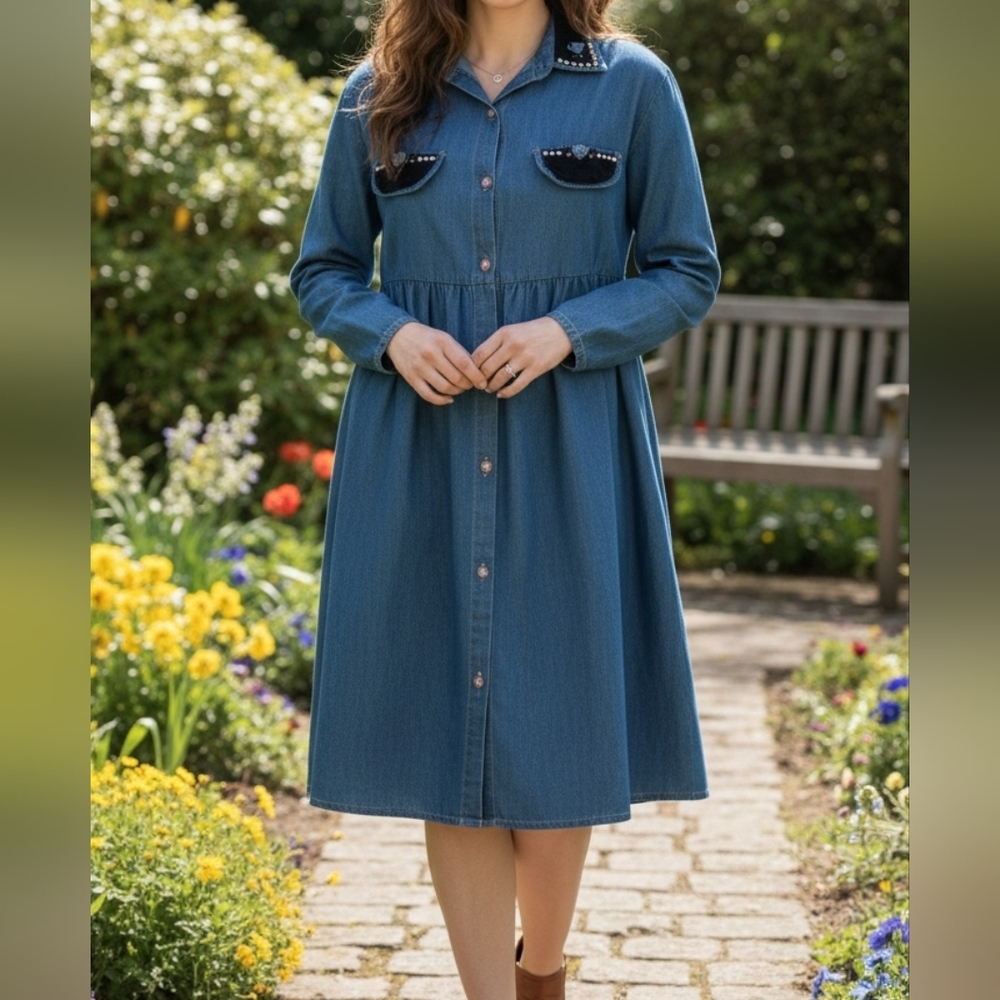 Miss & MRS Vintage Embellished Details Denim Cowgirl Retro Western Dress